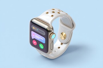 Fototapeta premium A stylish smartwatch with a white strap and a vibrant touchscreen displays notifications and apps against a light blue background, emphasizing modern technology