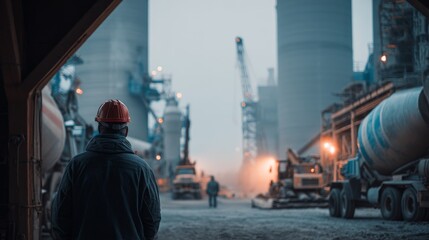 Naklejka premium People are working in the industry. Modern technologies work at a cement plant. Technological work on the production of cement. Working atmosphere with copy space