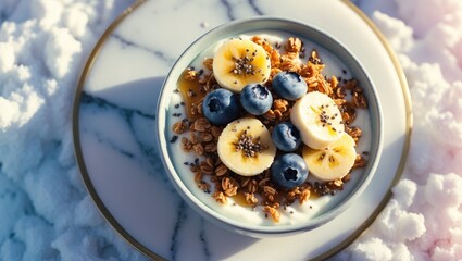 Nutritious breakfast. Yogurt bowl topped with granola, fruits, nuts, honey, and chia seeds. Overhead view. Healthy eating