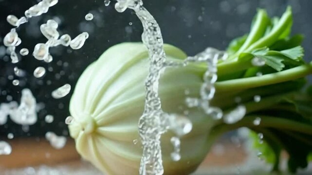 Kohlrabi falls on the table with a splash of water. Filmed on a high-speed camera at 1000 fps. High quality FullHD footage