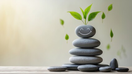 Piled stones featuring a cheerful face and green foliage on a table with a blurred backdrop. Zen theme