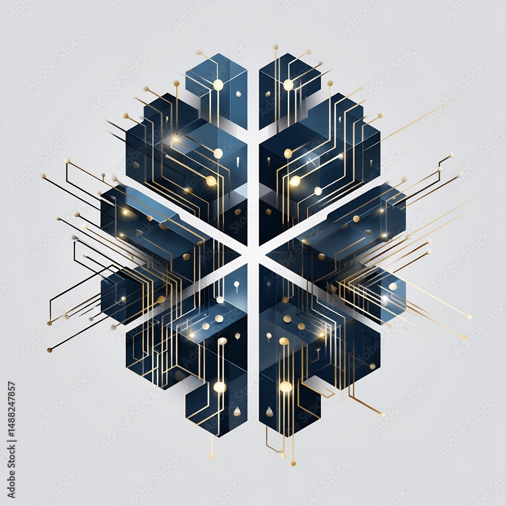 Poster geometric abstract design featuring interconnected blue blocks and circuit elements