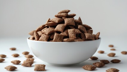 Chocolate cereal pads placed in a bowl on a white surface