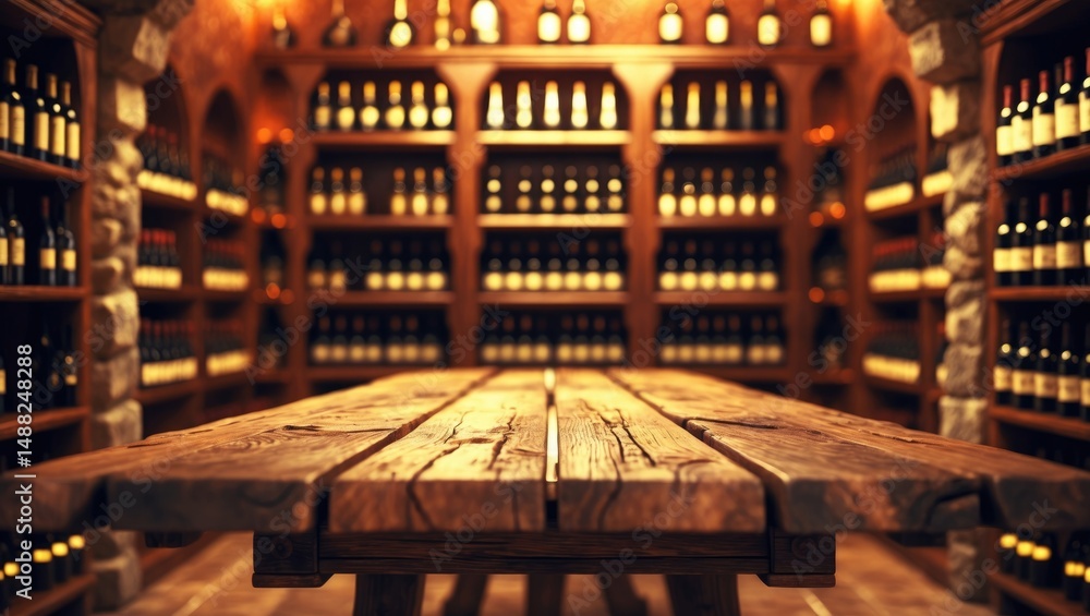 Poster background of a wooden table with wine. blurred store displaying bottles on the counter.