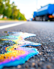 Obraz premium A colorful oil slick reflects sunlight on a road, showcasing vibrant hues against the asphalt, with a truck blurred in the background