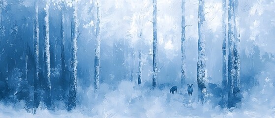 Tranquil Blue Forest Landscape with Deer in Soft Misty Environment
