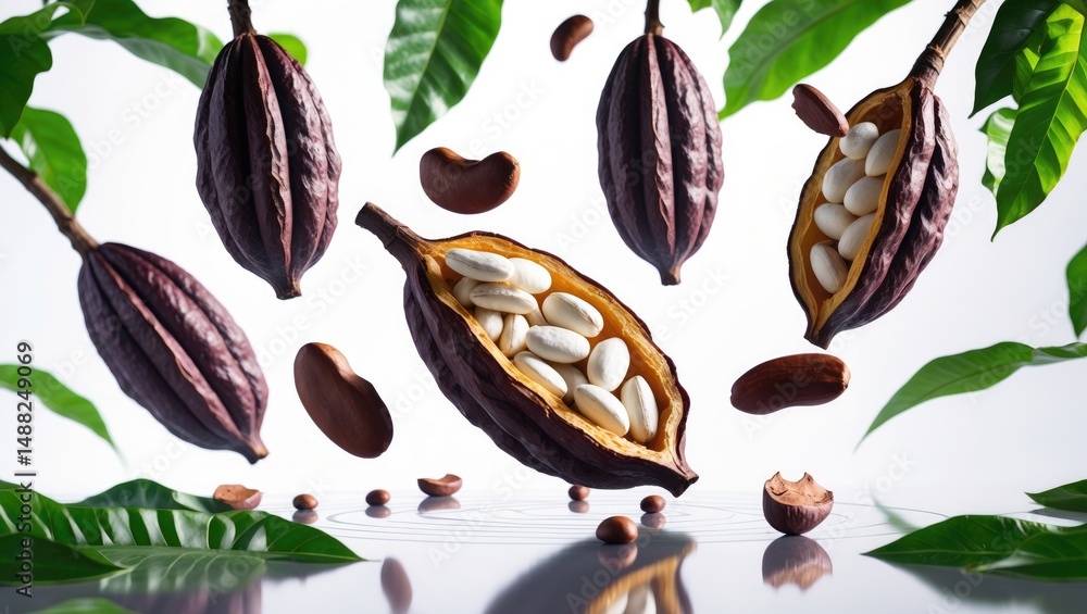 Poster cocoa pod airborne. both whole and cracked cocoa pod with beans levitating in the background. idea o