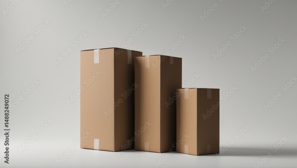Poster a row of cardboard boxes of different sizes is arranged diagonally.