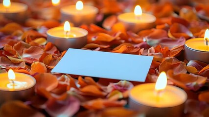 A romantic ambiance created by candles and rose petals surrounds a blank gift card