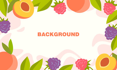 Colorful flat vector background with peaches, raspberries, and blackberries. Great for invitations, food packaging, summer ads, or social media posts.