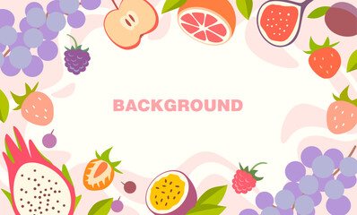 Light background with a decorative frame of berries and fruits in bright colors. Suitable for summer projects, banners, posts, menus, children's designs, invitations, and holiday materials.