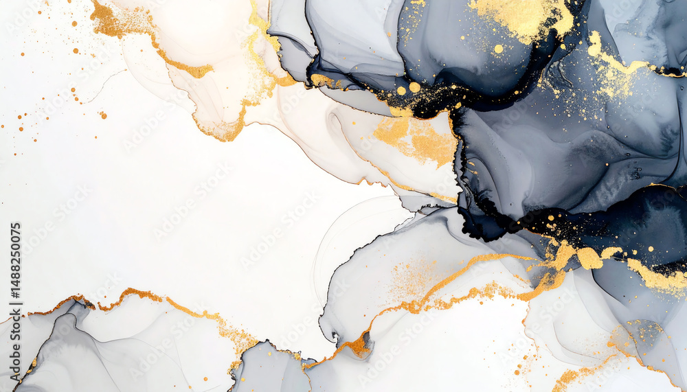 Poster abstract fluid art featuring swirling patterns in gray and white, accented by gold details, creating