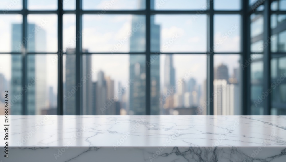 Poster white marble tabletop with blurred glass window wall building and background view - suitable for sho