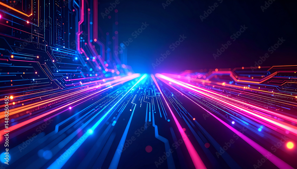 Poster vibrant digital lines and circuitry create a dynamic sense of movement and energy, reminiscent of ad