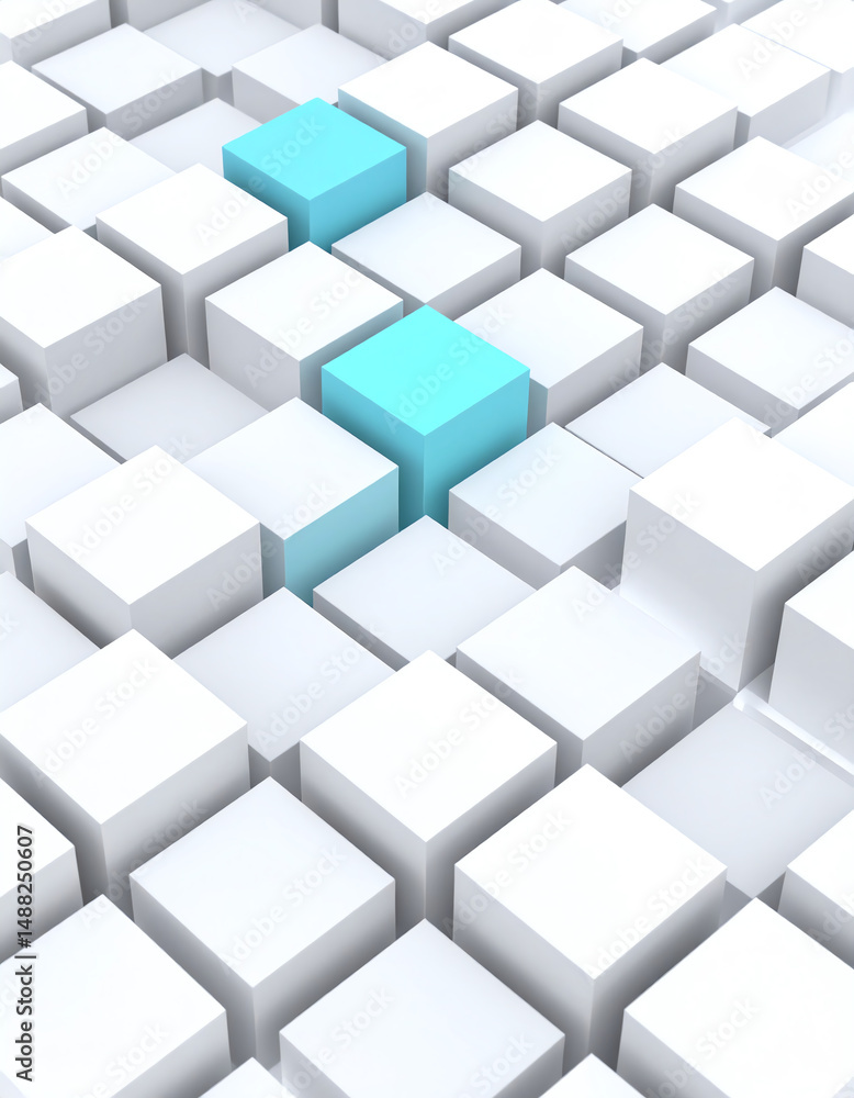 Poster a cluster of white cubes with a few blue ones standing out, creating a visually striking contrast in