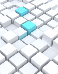 A cluster of white cubes with a few blue ones standing out, creating a visually striking contrast in a minimalist design
