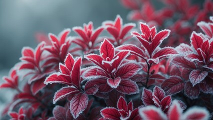 Detailed shot of icy azalea with red leaves and out-of-focus background
