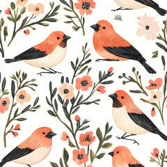Fototapeta premium Orange birds floral pattern, spring nature illustration, textile design, fabric print