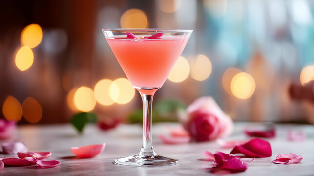 A vibrant pink cosmopolitan cocktail in a stemmed glass, surrounded by scattered rose petals and soft ambient lighting, close-up angle.