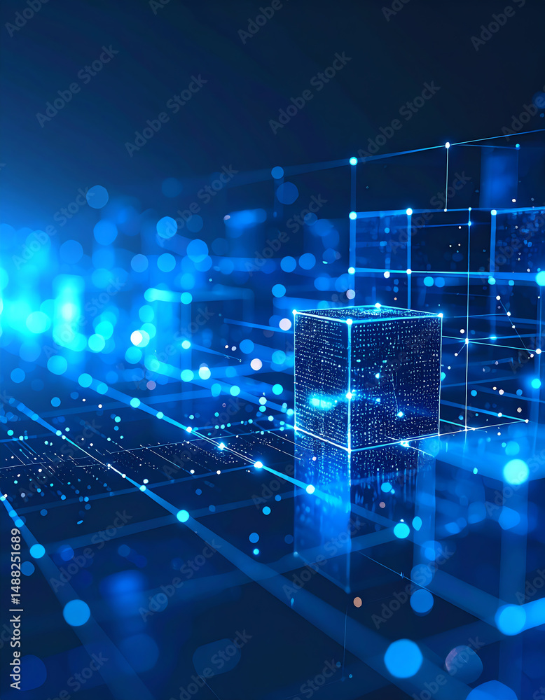 Poster a glowing blue cube stands in a digital landscape of interconnected lines and dots, symbolizing tech