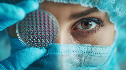 Worker in a cleanroom holding a microchip wafer, microchips fabric, photo style
