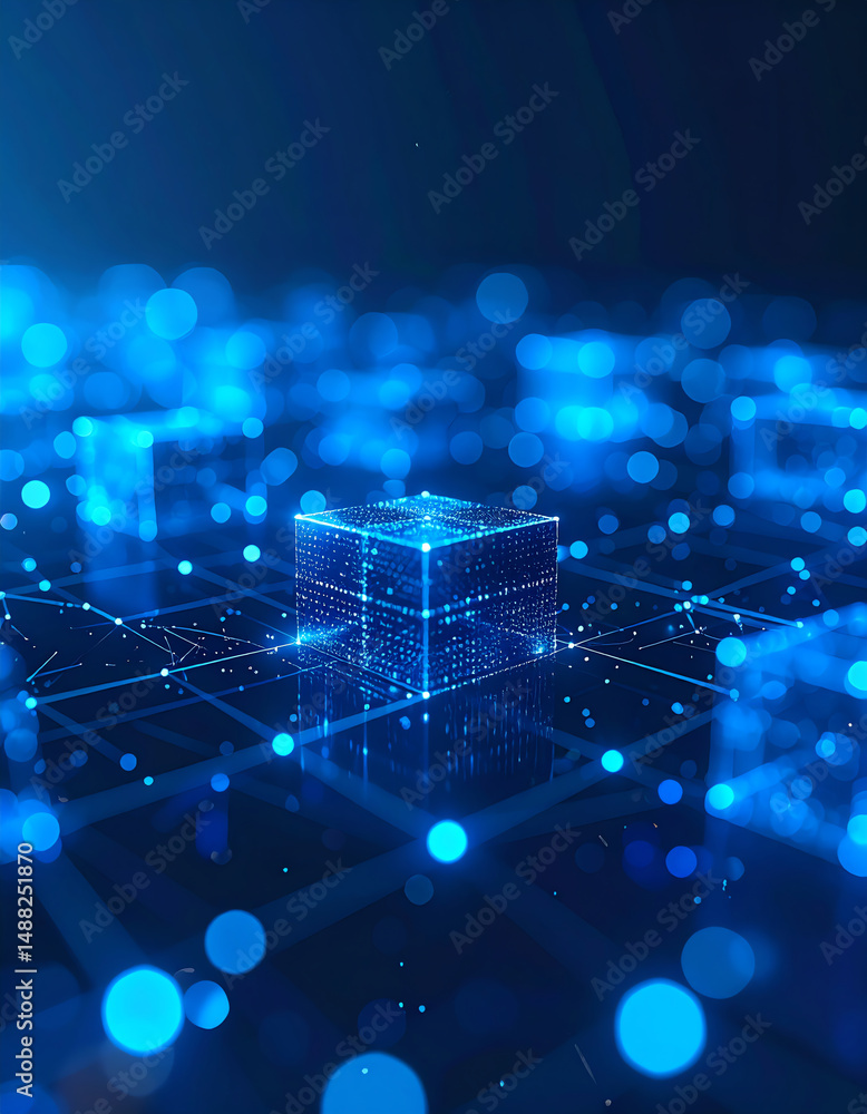 Poster a glowing blue cube stands out in a digital network, surrounded by shimmering dots and lines, repres