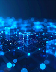 A glowing blue cube stands out in a digital network, surrounded by shimmering dots and lines, representing advanced technology and data visualization