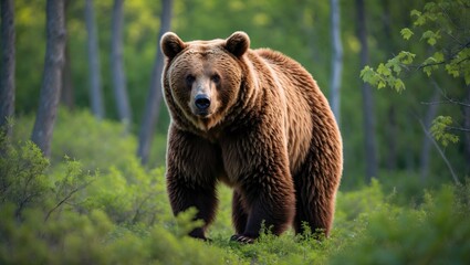 Fototapeta premium Wild Brown Bear in a forest during summer. Natural habitat of the animal. Wildlife depiction.