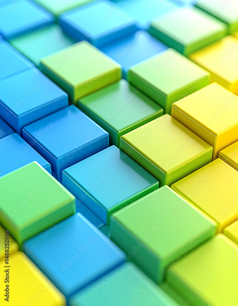 Poster vibrant, geometric pattern of blue and green squares creating a visually appealing abstract design