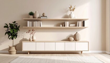 Modern white and wood bookshelf decor with vases books, home organization styling inspiration