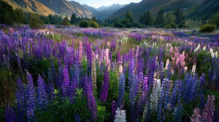Serene Lupine Meadow in Majestic Mountains