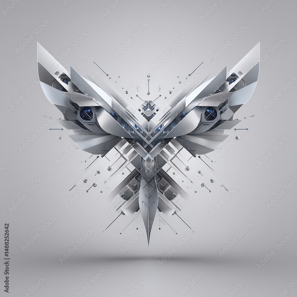 Poster symmetrical abstraction: metallic geometric avian form on a neutral backdrop