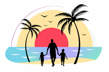 A tropical beach scene with a silhouetted father and child