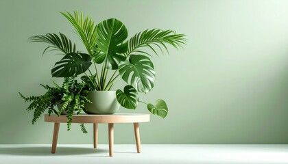 Fototapeta premium Cozy home decor, a potted plant on rustic wooden table potted