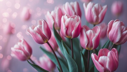 Obraz premium Detailed view of pink tulips and petals against a floral backdrop