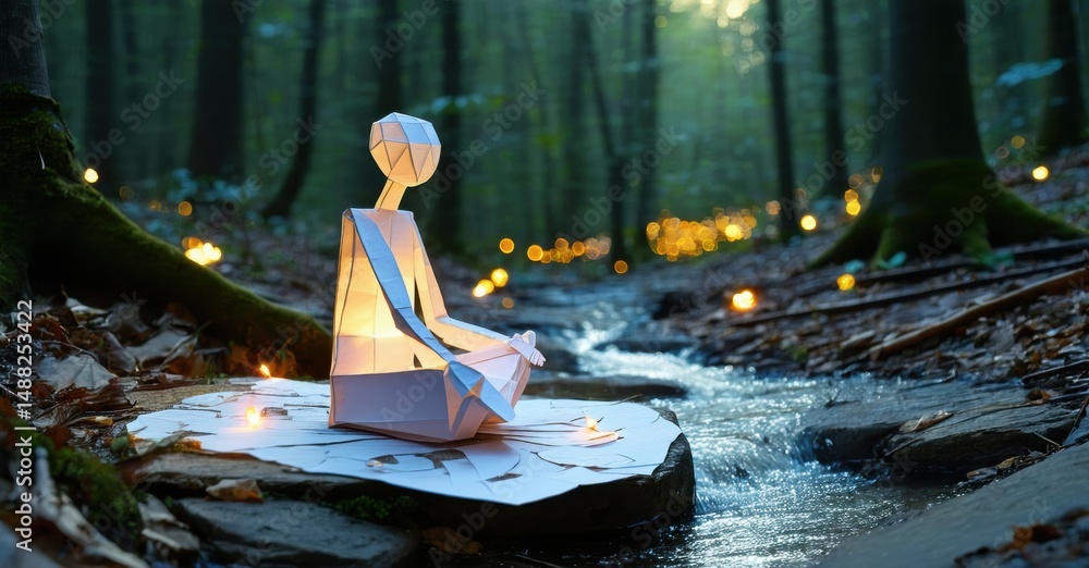 Poster Paper figure sits meditating near small stream. Forest background features soft light, creating peaceful scene. Moss covers rocks.