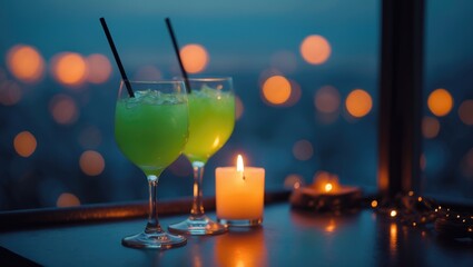 Create a romantic dinner scene with a softly shining candle and refined glasses, where the blurred background contributes to the warm and intimate feeling.