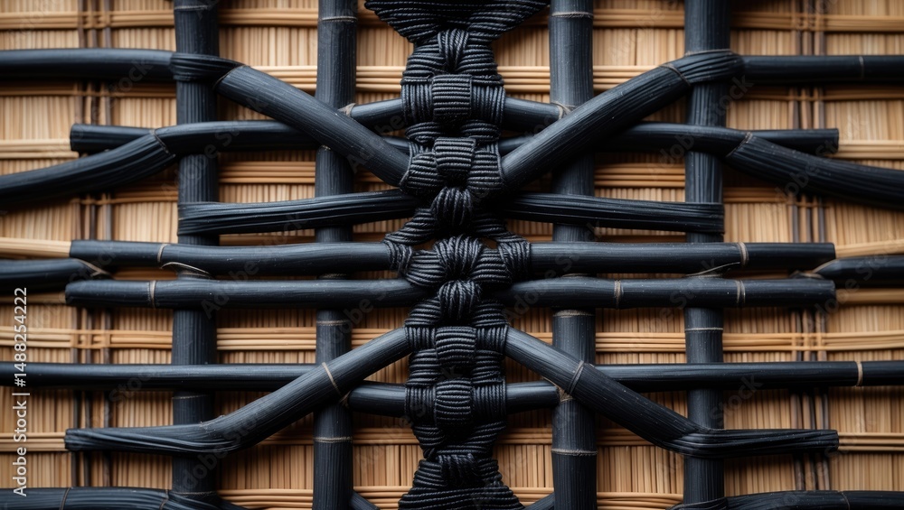 Poster dark bamboo and wicker weave pattern on rattan mat surface for design and backdrop