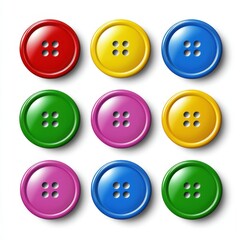 Nine colorful plastic buttons arranged in a 3x3 grid on a white background showcasing various bright colors and a glossy finish ideal for craft projects or digital design.