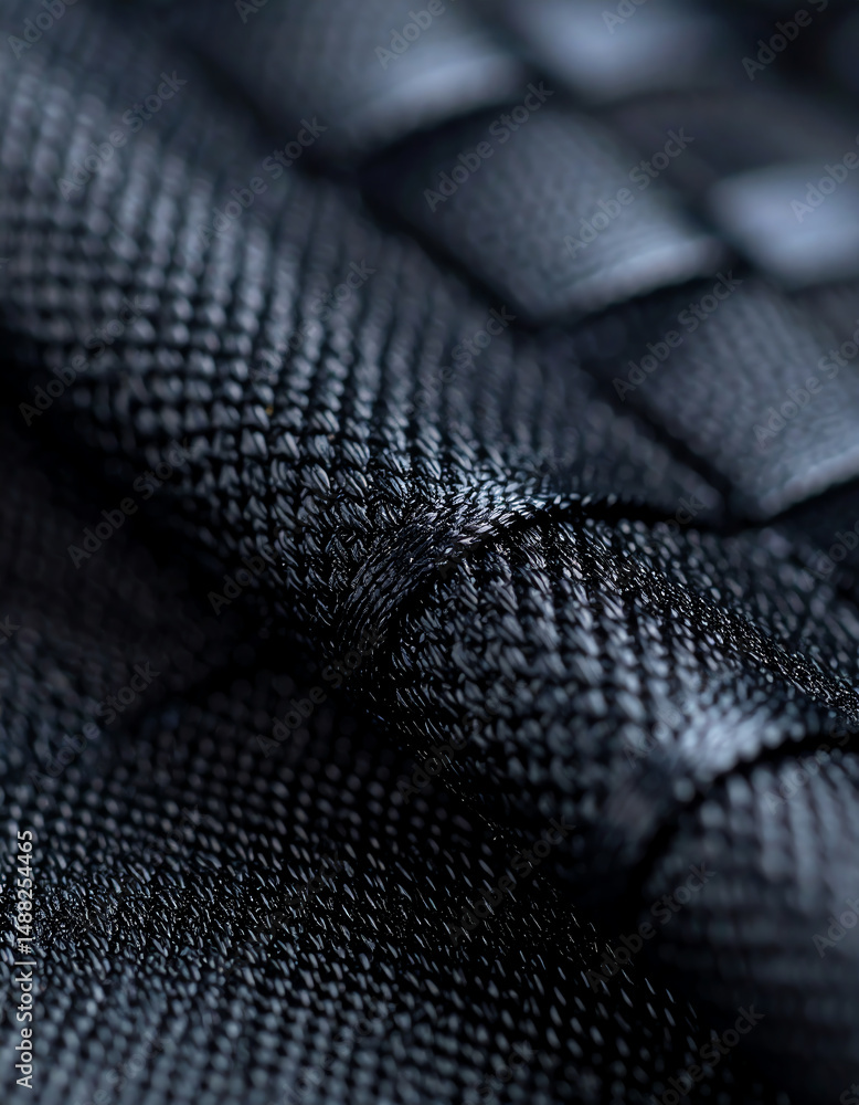 Poster close-up of a textured black fabric, showcasing intricate woven patterns that create depth and a sle