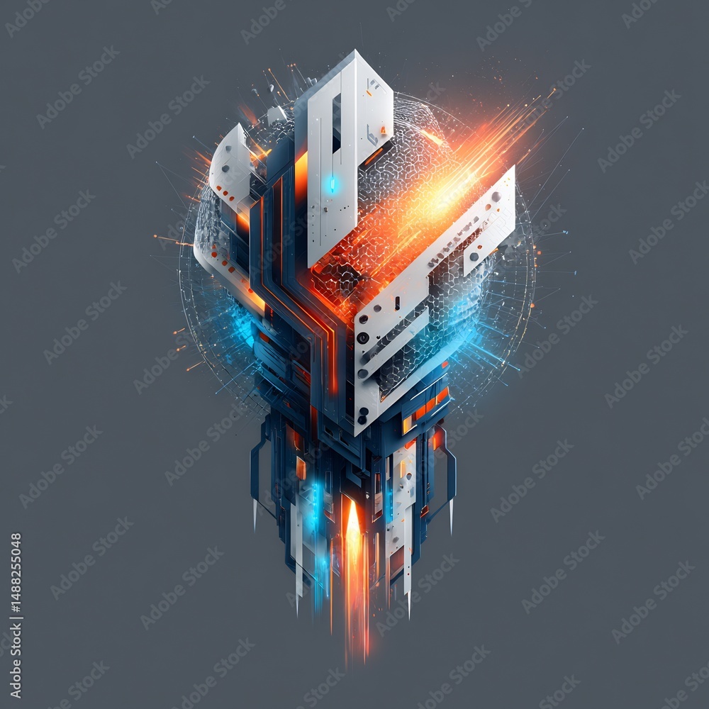 Poster abstract futuristic structure with glowing lines and geometric reflective elements
