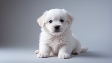 Obraz premium white puppy against a gray backdrop, studio