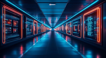 Fototapeta premium A futuristic corridor with neon lights and digital displays