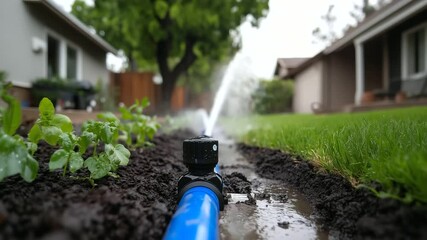 Black and blue irrigation pipes weave through damp soil in a backyard as a new sprinkler head is fitted in place. The freshly installed system promises consistent water delivery to