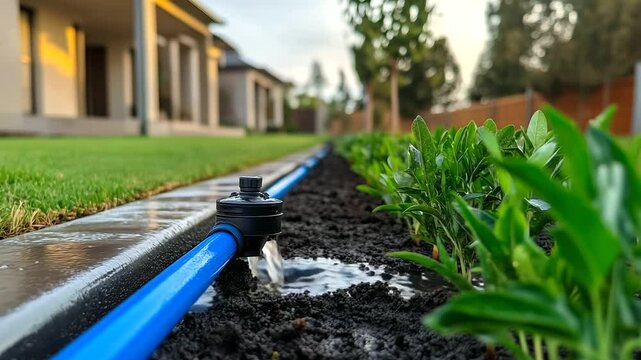 Black and blue irrigation pipes weave through damp soil in a backyard as a new sprinkler head is fitted in place. The freshly installed system promises consistent water delivery to