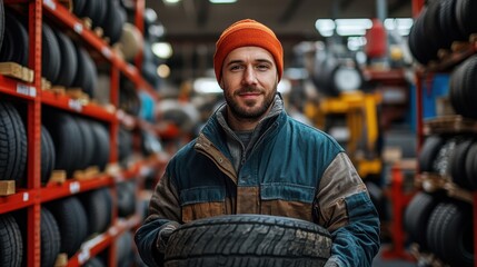 Fototapeta premium Portrait of a man mechanic in front of tire racks, holding a fresh tire with tire shop products in the background 
