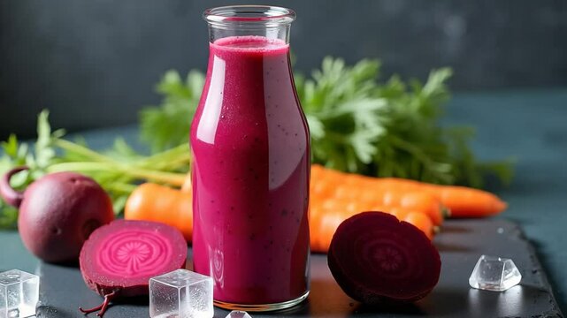 Beet juice blend with carrots and parsley on dark rustic table, cold pressed and rich in antioxidants, bright natural colors in 4K motion style