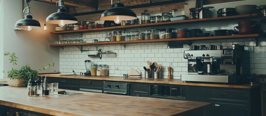 Rustic charm: A well-appointed kitchen with open shelves and warm lighting