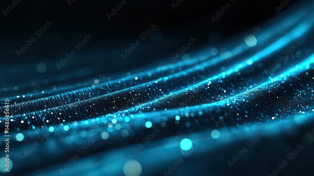 Poster abstract blue digital matrix with glowing particles and wave pattern