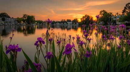 Naklejka premium Purple Irises Blooming by a City Lake at Sunset